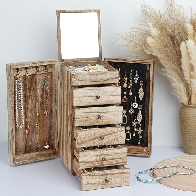 Meangood Jewelry Box Wood for Women, 6-Layer Large Organizer Box with Mirror & 5 Drawers for Rings, Earrings, Necklaces, Vintage Style, Carbonized Black