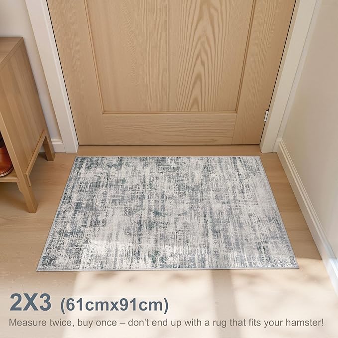 2x3 Entryway Area Rugs: Washable Neutral Abstract Small Rug Door Mat Non-Slip Soft Low Pile Indoor Carpe for Entrance Kitchen Front Door Bathroom Entry Kids Room - Gray