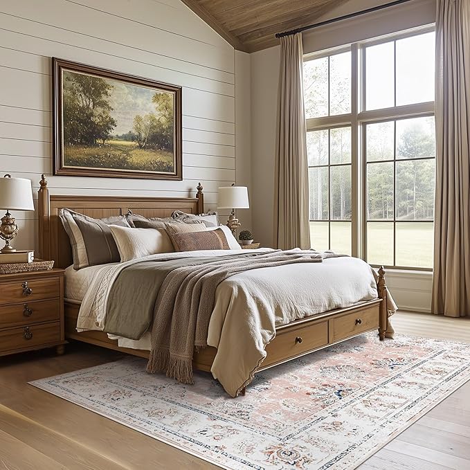 jinchan Washable Area Rug 5x7 Ultra-Thin Low Pile Non Slip Stain Resistant Soft Faux Wool Spring Floral Distressed Vintage Carpet for Bedroom,Living Room,Dining Room,Kitchen,Nursery(Pink, 5' x 7')