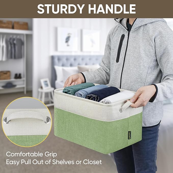 BALEINE 3 Pack Fabric Storage Bins for Shelves, Linen Storage Baskets for Organizing, Decorative Closet Bins for Clothes, Home (Green, 15''x11''x9.5'')