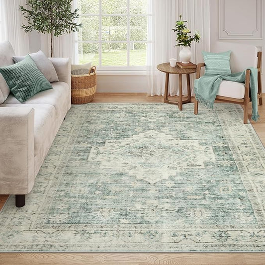 LIVEBOX Washable Area Rug 9x12 Rugs for Living Room Bedroom, Non-Slip Boho Indoor Carpet for Dining Room Office, Low-Pile Farmhouse Soft Carpets for Kids Nursery Playroom, Sage Green