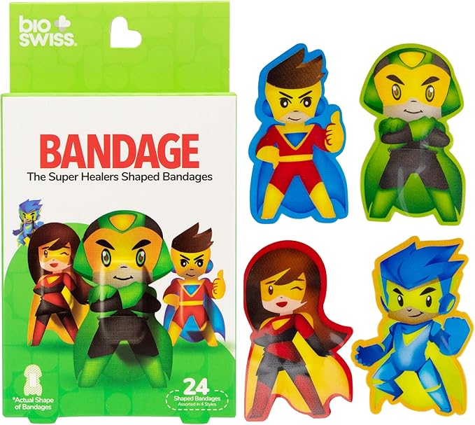 BioSwiss Bandages, Super Healers Superhero Shaped Self Adhesive Bandage, Latex Free Sterile Wound Care, Fun First Aid Kit Supplies for Kids and Adults, 24 Count