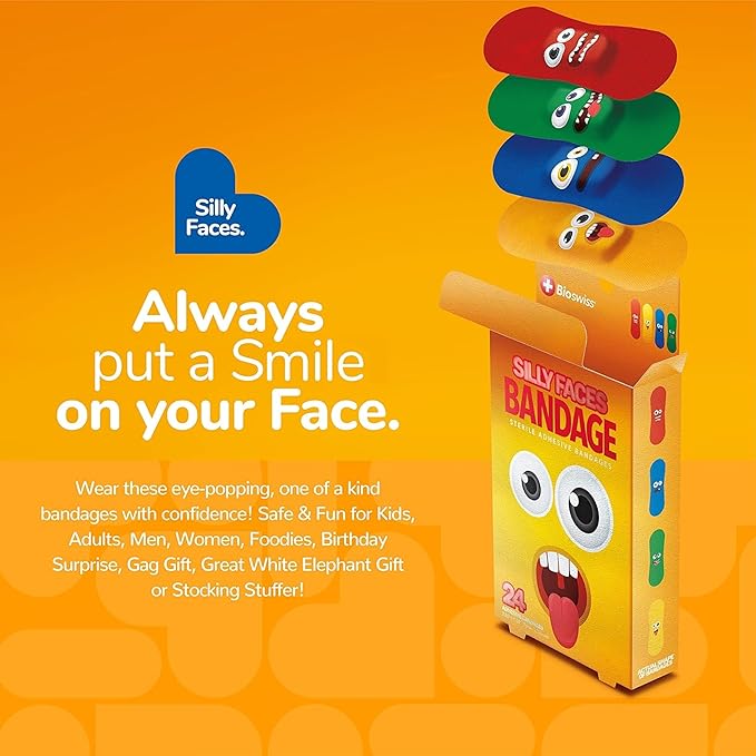 BioSwiss Bandages, Silly Faces Self Adhesive Bandage, Googly Eyes Latex Free Sterile Wound Care, Standard Shape for Kids and Adults, 24 Count