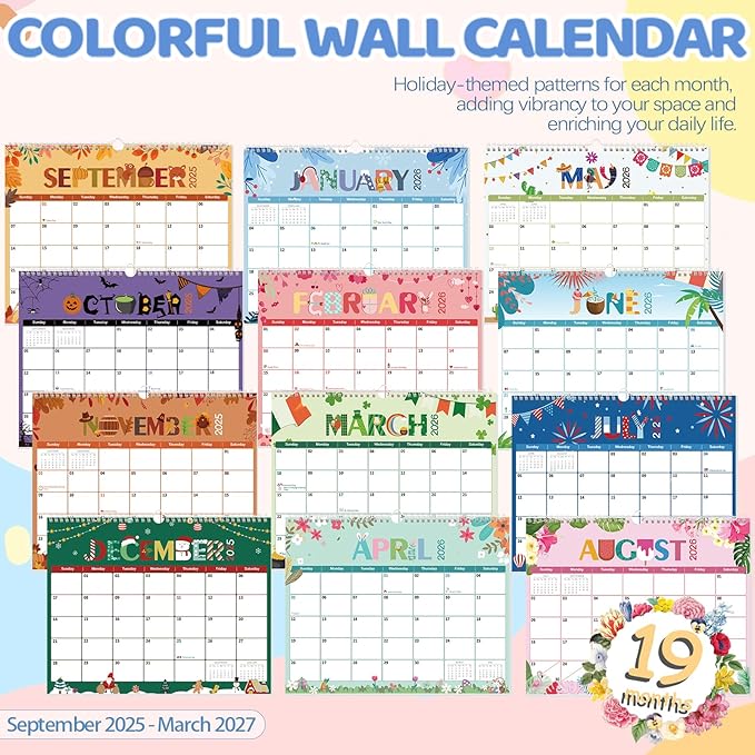 GuassLee Wall Calendar 2025-2026, Vertical Wall Calendar 2026, Sept. 2025 to Mar. 2027, 14" X 11" 19-Month Holiday Themed Calendar Hanging Planner Wall for Home School Office Planning & Organizing
