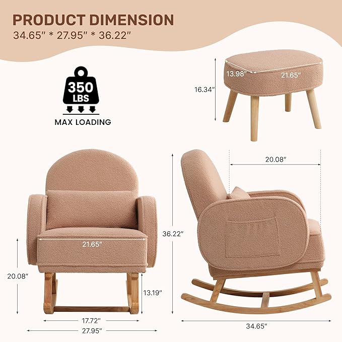 Rocking Chair Nursery with Ottoman, Upholstered Glider Rocker with High Backrest and Side Pocket, Rocking Accent Armchair with Solid Wood Legs for Nursery, Living Room, Bedroom Coffee