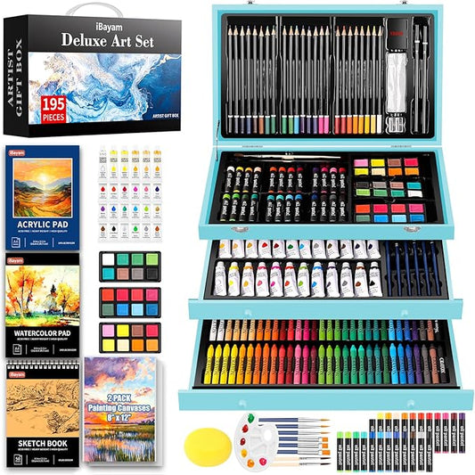 iBayam Art Set for Kids Teens Girls Boys Adult, 195-Pack Deluxe Artist Gift Box with 3 PCS Drawing Pads, A4 Canvases, Arts and Crafts Kits, Painting, Drawing & Art Supplies with 24 Color Acrylic Paint