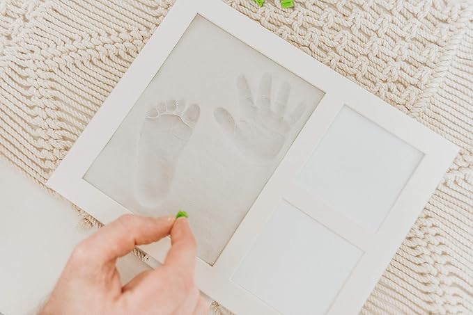 Baby Hand & Footprint Frame Keepsake Kit | Capture Milestone Moments with Safe Clay, Stencil Set & Wood Frame | Perfect Newborn Gift for Baby Showers | White