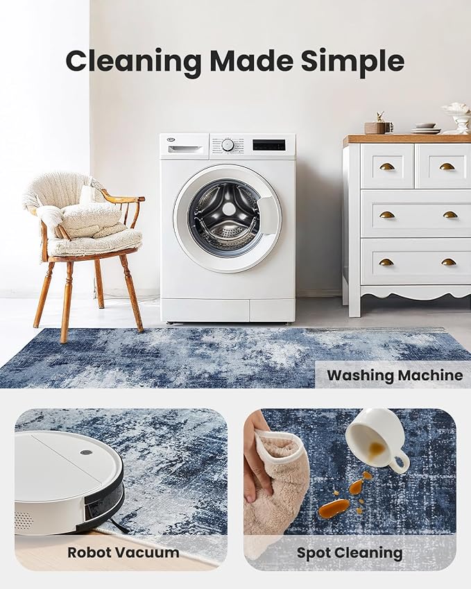 Amada 6x9 Washable Area Rug, Modern Abstract Living Room Rug with Non-Slip Backing & Short Pile, Large Rug with Abstract Pattern for Living Room, Bedroom and Dinning Room, Dark Blue