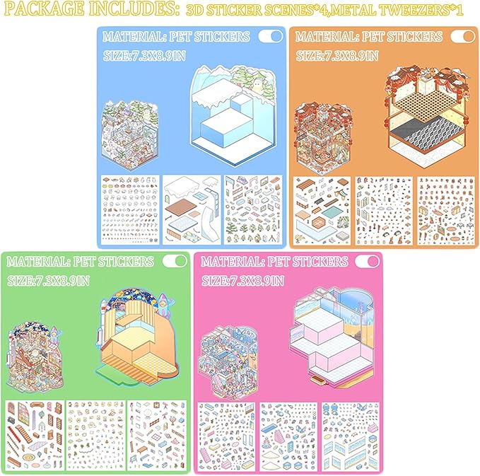 4 Sets Big 3D Sticker Scenes DIY Craft Kit – Build Your Own Miniature Rooms Stickers Book(Museum/Ski Resort/Amusement Park/Aquarium) for Kids & Adults, Creative Craft Kit for Gifts