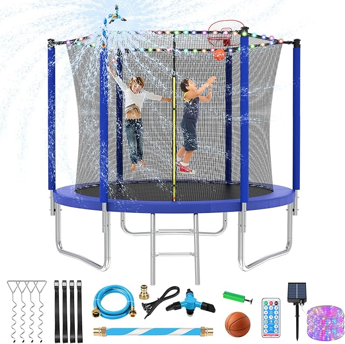 Upgraded 10/12/14/15/16FT Trampoline Outdoor, Large Kids Trampoline with Light, Stakes, Sprinkler, Backyard Trampoline with Basketball Hoop and Net, Capacity for 4-6 Kids and Adults