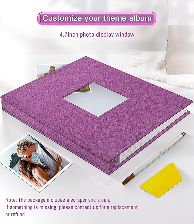 popotop Photo Album Self Adhesive with Picture Display Window,40 Pages DIY Scrapbooking Supplies Kit for 4x6 10x12 Picture,Linen Cover Memory Book for Baby Wedding, with Scraper and Metallic Pen
