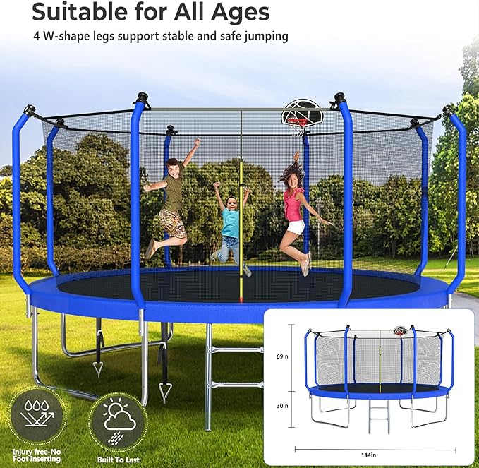 Upgraded Trampoline 8FT/10FT/12FT/14FT With Basketball Hoop, Light, Sprinkler, Stakes - Outdoor Backyard for 4-6 Kids and Adults