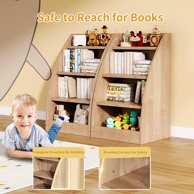 Kids Bookshelf,4 Tier Kids Book Shelf for Kids Rooms,Wood Children Bookcase,Baby Storage Book Rack,Toddler Bookshelf, Book and Toy Organizer,Book Display Shelf for Bedroom, Playroom, Nursery