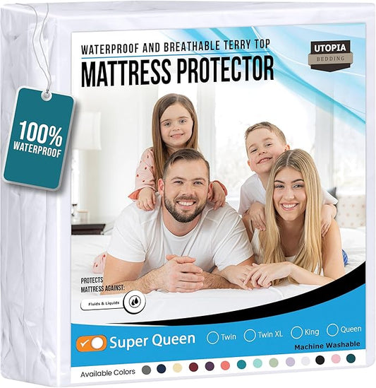 Utopia Bedding Waterproof Mattress Protector Super Queen Size, Premium Terry Mattress Cover 200 GSM, Breathable, Fitted Style with Stretchable Pockets (White)