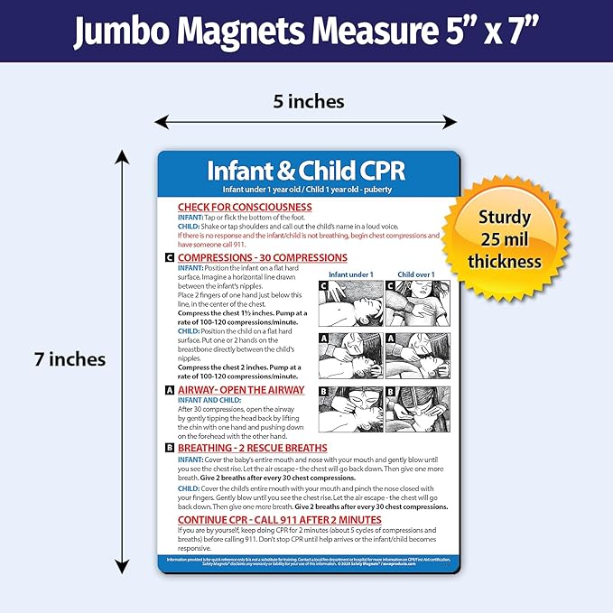 Safety Magnets by ZOCO – Infant and Child CPR Magnet – 5"x7" Emergency First Aid Guide with Step-by-Step Instructions – CPR Reference for Homes, Daycares, Schools, and Parents