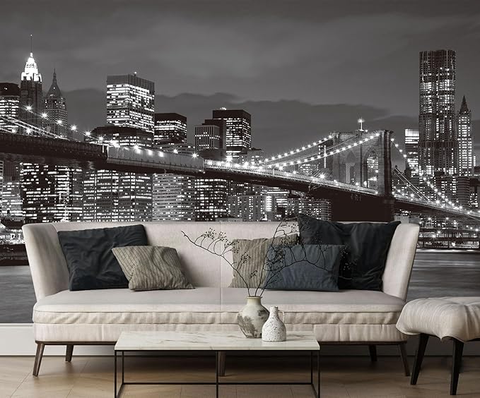 Grey City Wallpaper Brooklyn Bridge Nightscape Wall Mural for Living Room Bedroom Dining Room Office(Not Self-Adhesive)