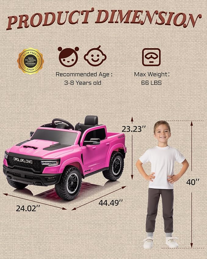 Licensed Ram 1500 12V Ride on Toys, Kids Ride on Car with Remote Control, Electric Vehicle for Toddler with Smooth Start, Pickup Truck Bed Storage, Spring Suspension, Aux Port (Pink)