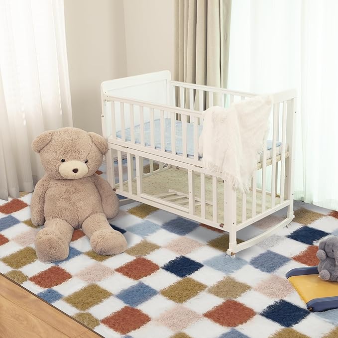 Super Soft Rug for Bedroom, 3x5 Ft Rainbow Area Rug Classic Checkered Shaggy Rug Anti-Skid High Pile Soft Fluffy Fuzzy Carpet for Living Room Bedroom Kids Room Nursery, Dorm Home Decor