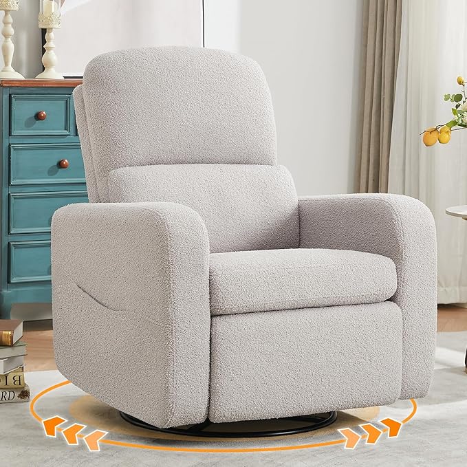 Swivel Rocker Recliner, Oversized Manual Nursery Glider Rocking Recliner with Removable Cushion, Upholstered Teddy Boucle Swivel Reclining Chair for Nursery Living Room Bedroom, Teddy Grey