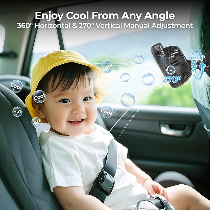 COMLIFE Misting Baby Stroller Fan, Rechargeable Battery Operated, 270° & 360° Pivoting, 50ml Portable Water Sprayer Misting Fan with Flexible Tripod Clip on Car Seat Crib Treadmill Bunk Bed