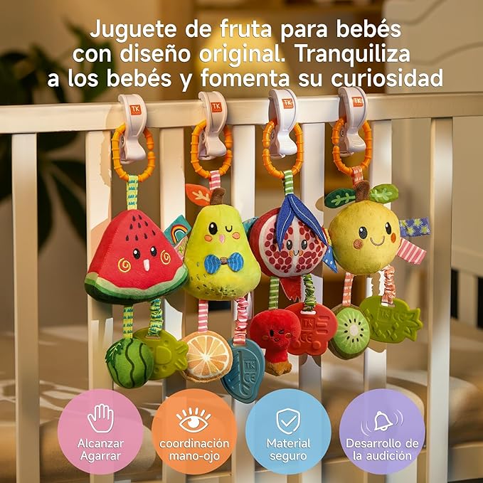 TUMAMA Hanging Toys for Baby Gym, 4 Pack Fruit Crib Stroller Baby Gym Mobile Plush Toys with Teether, Hanging Rattle Toys, Car Seat Toys for Babies 0-6 Months Boy