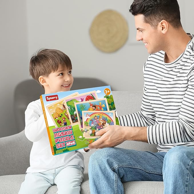 SYNARRY Large Animals Wooden Puzzles for Kids 4 in 1 Gift Box(12.2 * 9.4 in) - FSC Certified, Jigsaw Puzzles for Toddlers 3-5, Puzzles for Kids Ages 4-6, Wood Toys Gifts for 3 4 5 Year Old Boys Girls