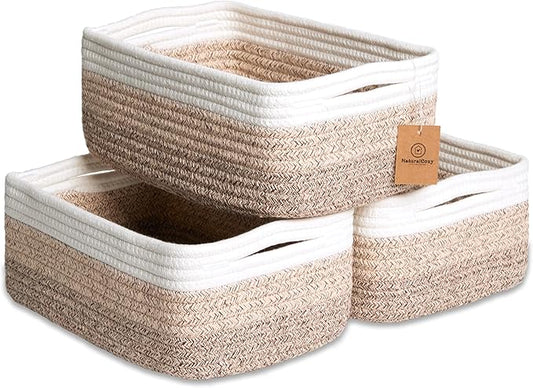 NaturalCozy 11.8"x8"x4.5” Storage Baskets for Shelves 3 Pack | Cotton Rope Woven Small Baskets for Organizing | Small Storage Bins for Nursery, Bathroom, Closet, Cube Shelf, Decorative, Gift Basket