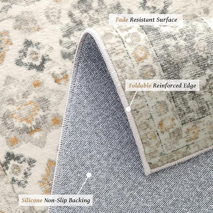 Washable 4x6 Rugs for Living Room, Boho Non-Slip Silicone Backing Small Rugs for Bedroom Nursery Office, 0.3" Neutral Oriental Throw Carpet with 0.16" Cushioning Pad, Grey/Multi