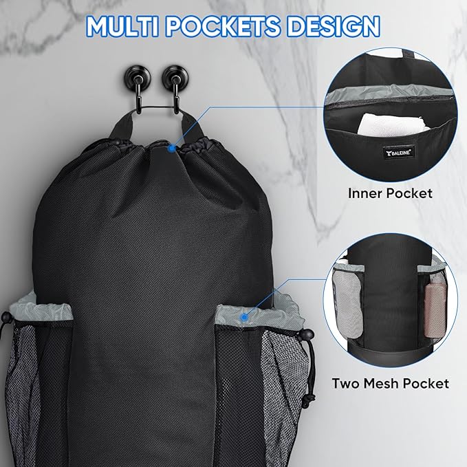 BALEINE 120L Laundry Bag Backpack, 900D Oxford Fabric Large Travel Laundry Bags with Shoulder Straps and 2 Mesh Pockets for College Dorm, Apartment, Laundromat (Black, 120L)