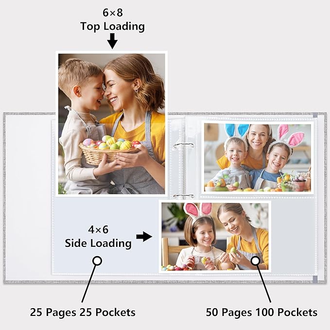 Vienrose Linen 3-Ring Photo Album Holds 250 Photos, 200 4x6 Photos and 50 6x8 Pictures, Picture Album with Multiple Size Pockets, Memory Book for Family Wedding Anniversary Baby, Grey