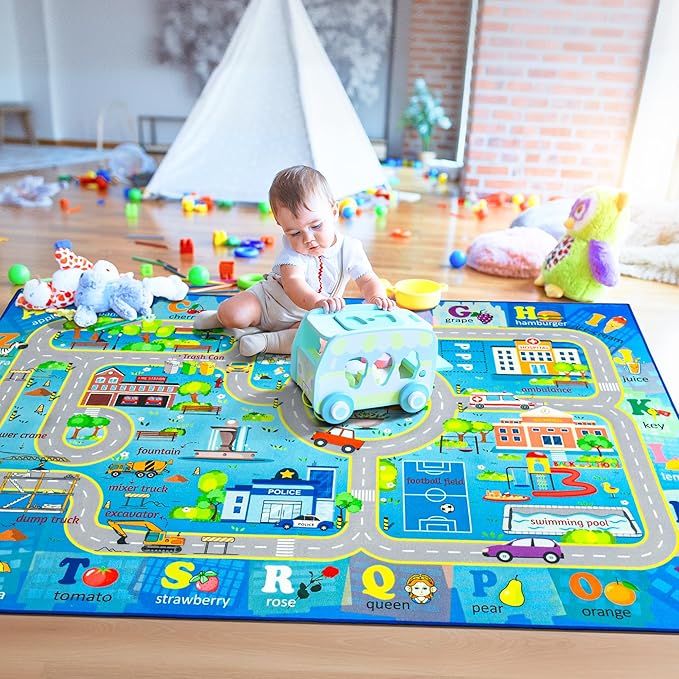 Chicrug 6x9 Car Road Area Rug for Kids Playroom Bedroom, Non Slip Low Pile Washable ABC Alphabet Carpet for Classroom, City Track Play Mat for Toddler Children Nursery Baby Room Decor, Blue