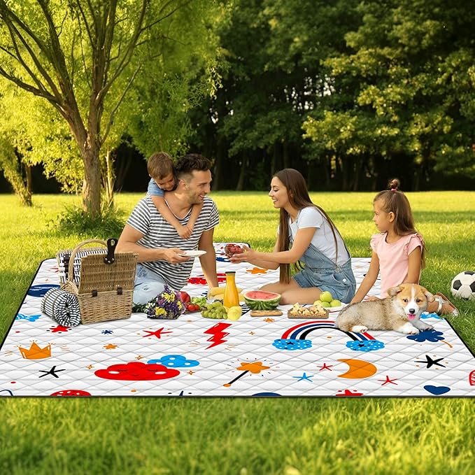 Poedist Extra Large Picnic Blanket Waterproof,80"x 80"Foldable Machine Washable Beach Blanket,Outdoor Blanket for 6-8 Adults,Suitable for Indoor Crawling,Park Beach,Camping,Hiking,Family Travel(Cute)
