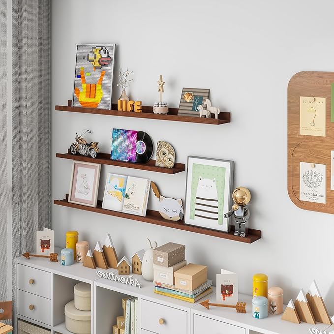 Solid Ash Wood Picture Ledge Shelf, 36 Inch Floating Shelves with Lip Set of 2, Photo Ledge Shelf Nursery Bookshelf Wall Mounted for Living Room Bedroom Decor, Walnut