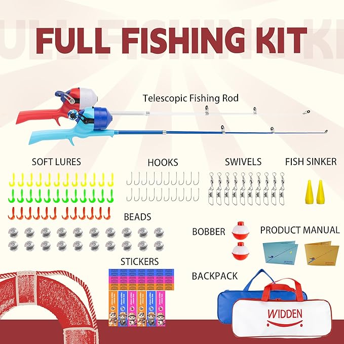 Kids Fishing Pole, Telescopic Fishing Rod, Toddler Collapsible Fishing Rod and Reel Combo with Tackle Box, Fishing Line, Bobber, and Soft Lures for Boy, Girl, Youth, Beginner, Over 4 Years Old
