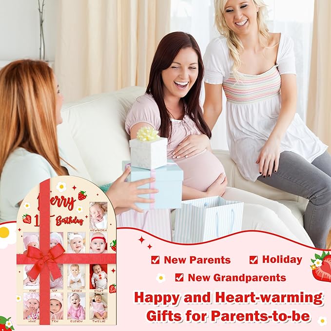 R HORSE 3D Berry 1st Birthday Wood Photo Display Board, Adorable Strawberry Baby's First Year Picture Frame, 1-12 Months Milestone Board Birthday Decorations Keepsake Gift for Baby Girls Nursery Decor