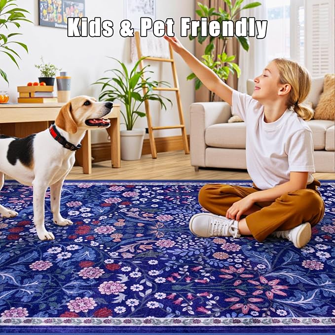 Area Rugs 9x12 Living Room: Floral Washable Rug Vintage Large Soft Boho Non-Slip Carpet Indoor Floor Stain Resistant Low Pile Carpets for Bedroom Dining Room Farmhouse Nursery Home Office Blue