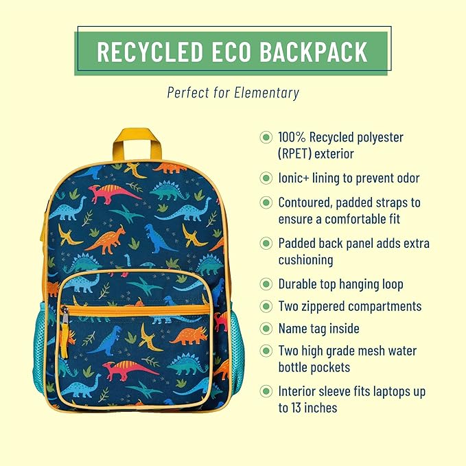 Wildkin ECO rPET Kids Backpack – Recycled, Padded, Adjustable for School & Travel – Jurassic Dinosaurs