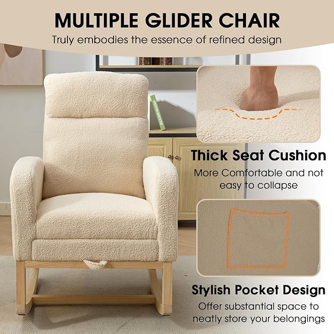 NIOIIKIT Modern Nursery Rocking Chair, Teddy Upholstered Rocking Chair with Footrest, Comfortable Rocker Recliner with Side Pocket, Glider Rocker for Living Room, Bedroom, Nursing Room (Cream)