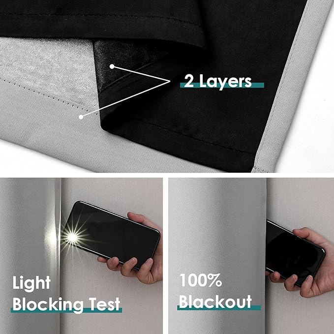 ChrisDowa 100% Blackout Curtains for Bedroom with Black Liner, 2 Thick Layers Total Blackout Thermal Insulated Grommet Window Curtains 84 Inch Long 2 Panels Set (Light Grey, 52 x 84 Inch)