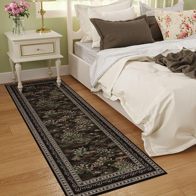 Runner Rug Impressionist-Style Vintage Kitchen Rugs Non Slip Washable Soft Carpet Runner for Kitchen Laundry Bedroom Bathroom, Black