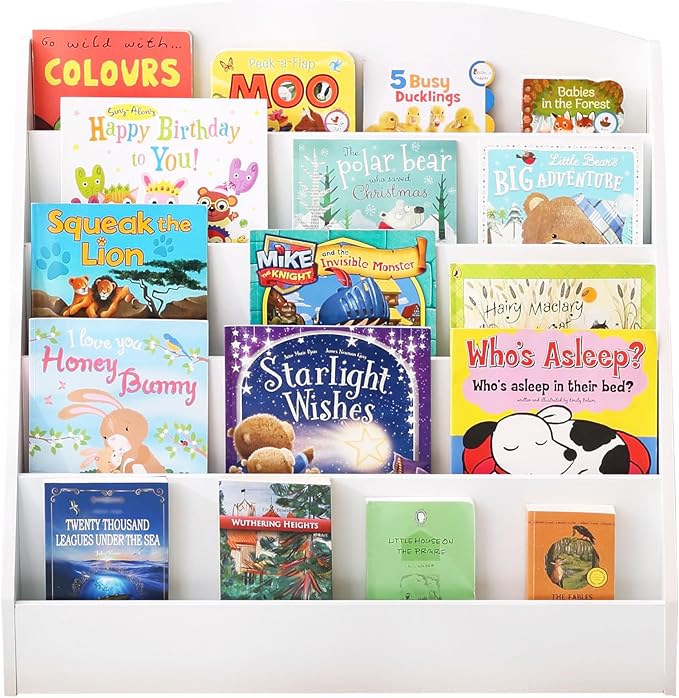 TOETOL 5-Tier Kids Bookshelf - Toddler Book Display Shelves for Classrooms, Playrooms, and Nursery - Wooden Children Book Rack (White)