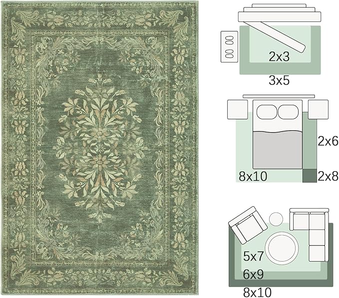 jinchan Green Floral 8x10 Area Rugs for Living Room - Machine Washable Vintage Distressed Design Soft Throw Rug Non-Slip Large Carpet for Bedroom Nursery Dining Room Home Office (8x10ft,Dark Green)
