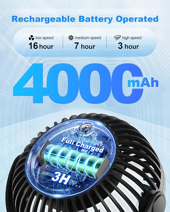 Stroller Fan Clip on for Baby, 4000mAh Rechargeable Battery Operated, Flexible Tripod, 3 Wind Speed, 360° Rotatable, Small Cooling Portable Fan for Car Seat Crib Golf Cart Bike Treadmill, Black