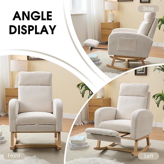 NIOIIKIT Nursery Rocking Chair, Corduroy Upholstered Rocking Chair with Adjustable Footrest, Tufted Rocker Chair with Side Pocket, Glider Rocker for Living Room, Bedroom (White Modern)