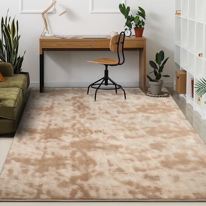 Kimicole 5x8 Washable Area Rugs for Bedroom Living Room, Low Pile Ulta-Thin Solid Color Rug, Non-Slip Soft Fluffy Carpet for Nursery Kids Room Dorm Room Home Decor (Light Tan)