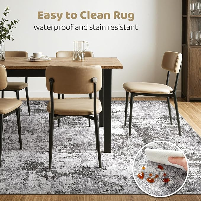 9x12 Area Rug Living Room: Washable Large Abstract Modern Soft Stain Resistant Indoor Floor Rugs Non Slip Accent Carpet for Bedroom Nursery Playroom Office Dining Room Dorm Home House- Black Grey