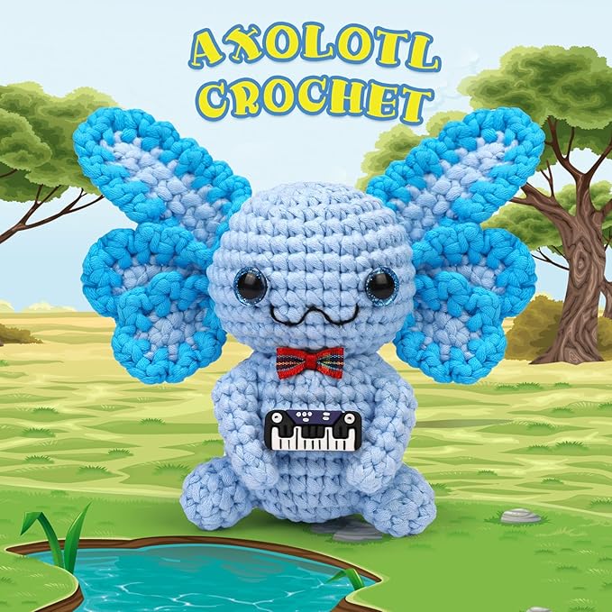 Pnytty Crochet Kit for Beginners, Crochet Animal Kits for Starters with Step-by-Step Video Tutorials, Blue Axolotl Knitting Kit with Easy-to-See Stitches Yarn, Crochet Hooks for Adults Easy Craft