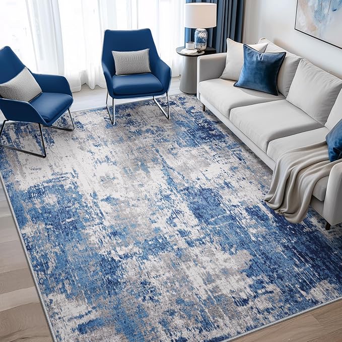 Washable Area Rugs 7'x9' Non-Slip Modern Abstract Soft for Living Room Entryway Bedroom Nursery, Print Pattern, Blue Grey Navy Gray