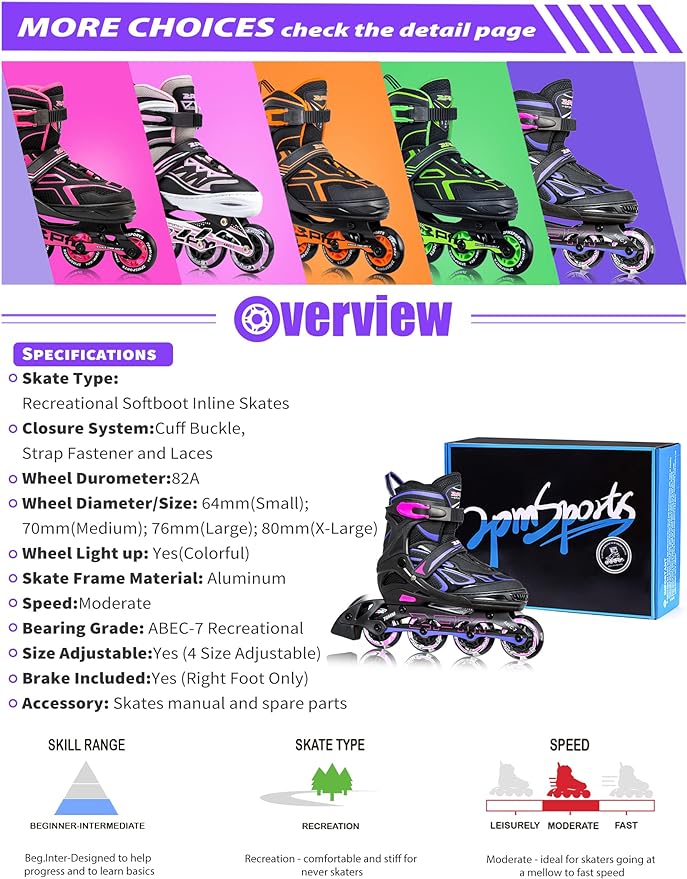 2PM SPORTS Vinal Girls Adjustable Flashing Inline Skates, All Wheels Light Up, Fun Illuminating Skates for Kids Men Adult Women and Boys