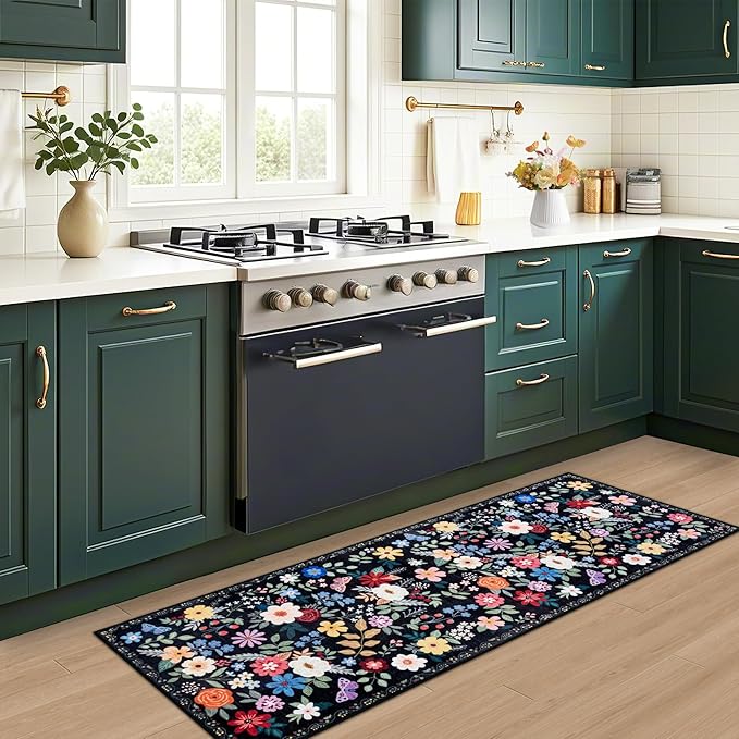 Runner Rug for Entryway: 2x10 Kitchen Rugs Non Slip Washable Ultra-Thin Soft Floral Carpet Indoor Floor Stain Resistant Carpets for Hallway Bedroom Kitchen Laundry Bathroom Dorm Black